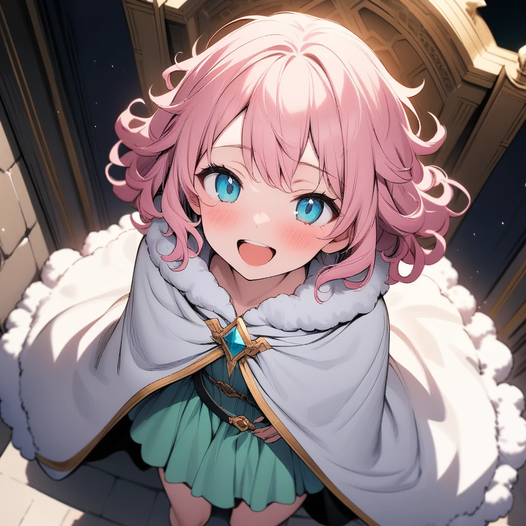 (masterpiece),(best quality),very aesthetic,(ultra-detailed),(illustration),nsfw,1girl,18yo,slender,pink hair,curly hair,fluffy hair,short hair,disheveled hair,aqua blue eyes,enjoyable,smile,open mouth,happy,humble,white wizard robe,white glove,light green fluffy skirt,Cloak fastened with gold ornamental buckle in front,white wizard cloak with gold trimmed,standing,Standing next to the throne in the castle,Fluffy gray boots,cowboy shot,from above