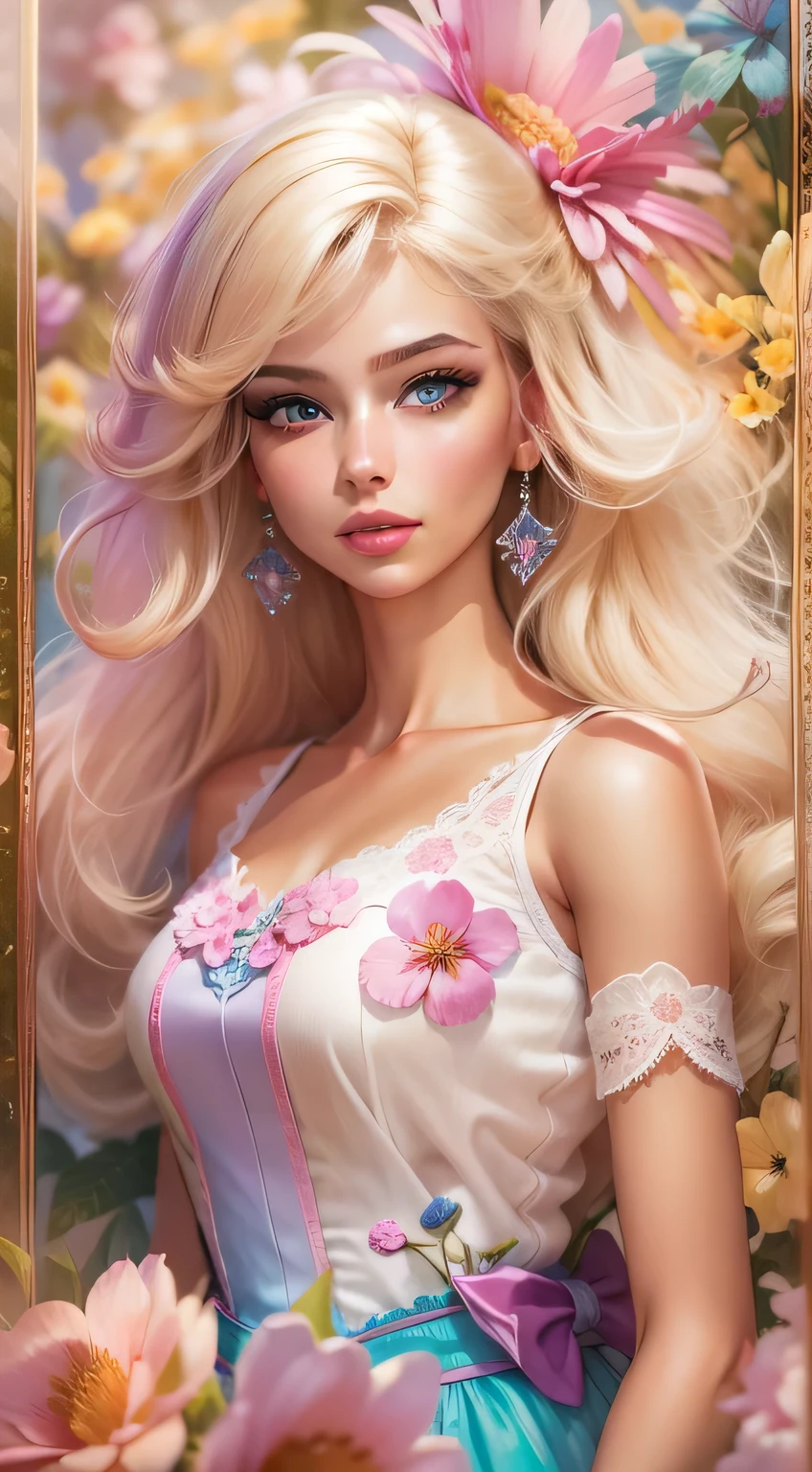 (Best quality,ultra detailed,photorealistic:1.37),bright and rich colors,studio lighting,playful facial expression,stylish makeup,Long blonde hair fluttering in the wind,inviting eyes,glossy lips,sexy pose, cherry blossom, I smile confidently and seductively,posing for a professional photo shoot,shallow depth of field,highlighting the main subject,soft natural lighting,Creating a dreamy and magical atmosphere.