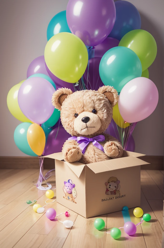 Watercolor painting of a teddy bear holding some balloons in light purple and baby green, the bear must be sitting in a brown box and a toy rainbow on the floor. The image background must be png