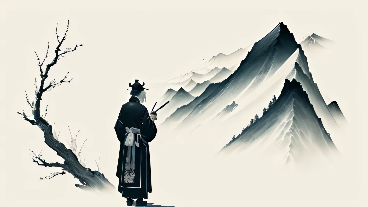 An elderly Chinese medicine practitioner stands and looks up at the mountains,Vision,Costume, inspired by Fu Baoshi, chinese Ink Painting, Chinese painting style, traditional chinese Ink Painting, Inspired by Sōami, black Ink Painting, Ink Painting, Ink style, Ink Painting, intricate Ink Painting, Ink Painting ) ) ) ), Chinese writing brush pen illustration