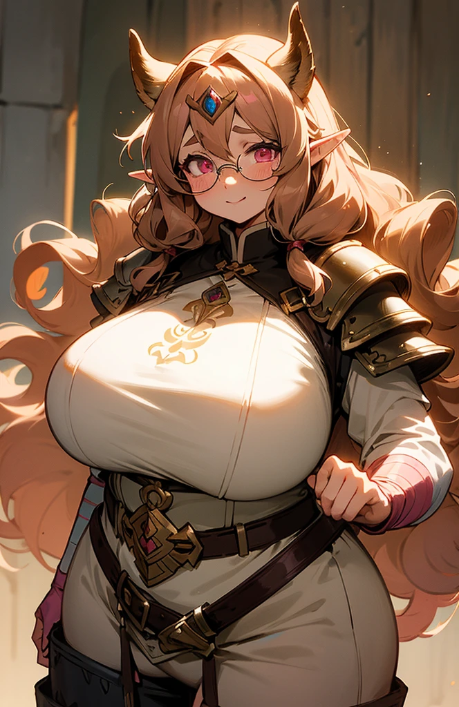 Anime, 1 elf woman, solo, huge wavy hairstyle, camel-brown hair, elf ears, detailed eyes, tiny glasses, pink eyes, evil smile, evil eyes, big And round buson, gorgeous plump body, viking armor, fluffy Cape, glory belt, fluffy long skirt, heavy boots, butterfly's wings