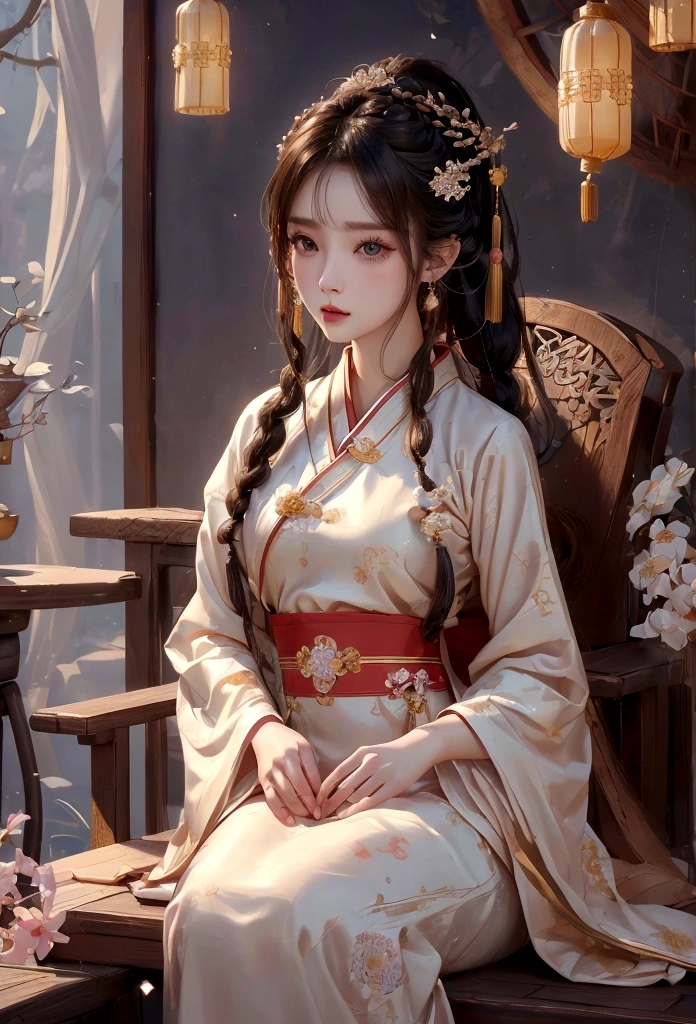 Best image quality、、masterpiece:1.3))、Realistic high-quality photos、Highest quality、Face close-up、Ultra-fine face、Photos of slim models、Beautiful girl model、Chinese style、Ancient Wind、Hanfu、 Sitting pose、Delicate clothing patterns、Elegance、Gorgeous、Elegance、Sky Sky、Bubble、Double up braid、Hairline、Diagonal bangs、hair band、hair ornaments、Sparkling、Cinema Lighting、Hyper HD、High resolution、Highest quality、High detail、Super Detail、Anatomically correct、masterpiece、Accurate、Landscape painting、screen、Small breasts、Standing pose、Exposed thighs