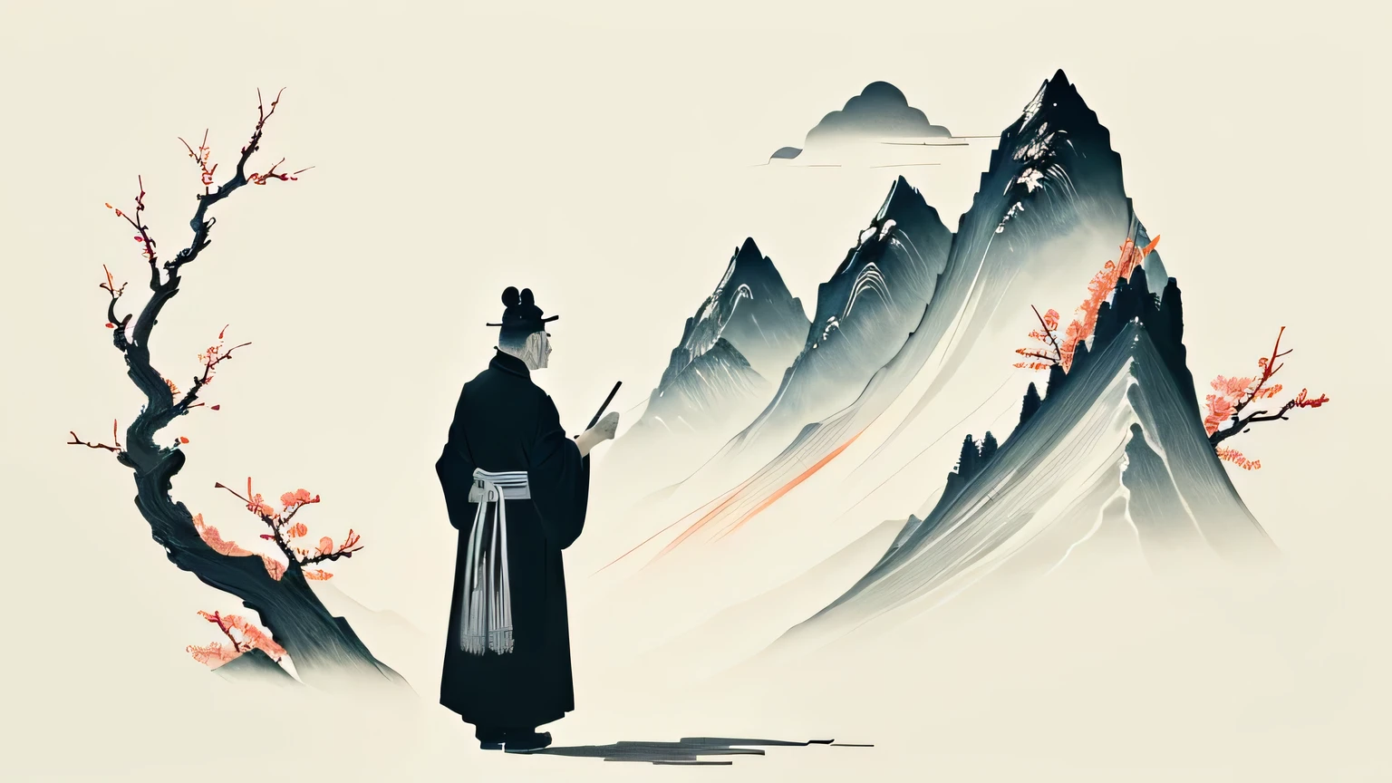 An elderly Chinese medicine practitioner stands and looks up at the mountains，Vision，Costume, inspired by Fu Baoshi, chinese Ink Painting, Chinese painting style, traditional chinese Ink Painting, Inspired by Sōami, black Ink Painting, Ink Painting, Ink style, Ink Painting, intricate Ink Painting, Ink Painting ) ) ) ), Chinese writing brush pen illustration