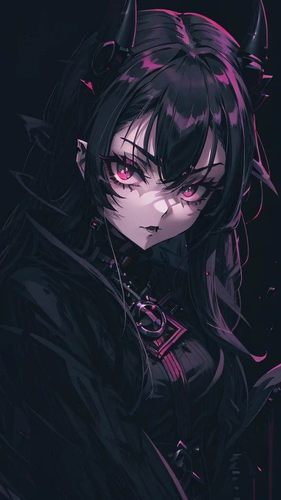 Close-up of a long-haired woman in black clothes, Vampire Girl, 1 7 - year - old anime Goth Girl, Devil Anime Girl, Gothic Maiden Anime Girl, Goth Girl, Devil Girl, Dark Goth Queen, Dark Vampire, Gothic Girl, Villainess, perfect Draw, Vampire Queen, Goth Cat Girl Portrait, Draw