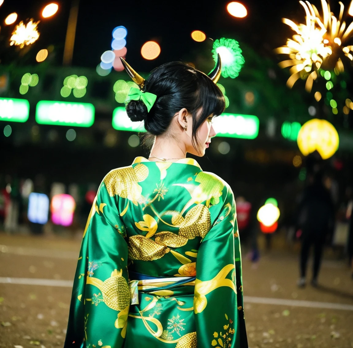 1 person、Green gorgeous kimono、,race,Black Hair、Short bun hair、hair ornaments、necklace、back、Golden devil horns、Anatomically correct,Fireworks in the night sky、