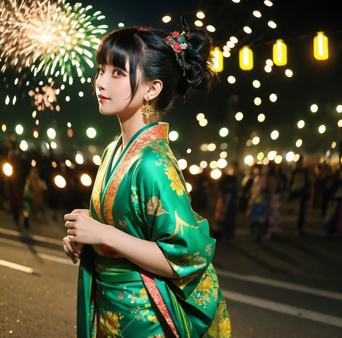 1 person、Green gorgeous kimono、,race,Black Hair、Short bun hair、hair ornaments、necklace、back、Golden devil horns、Anatomically correct,Fireworks in the night sky、