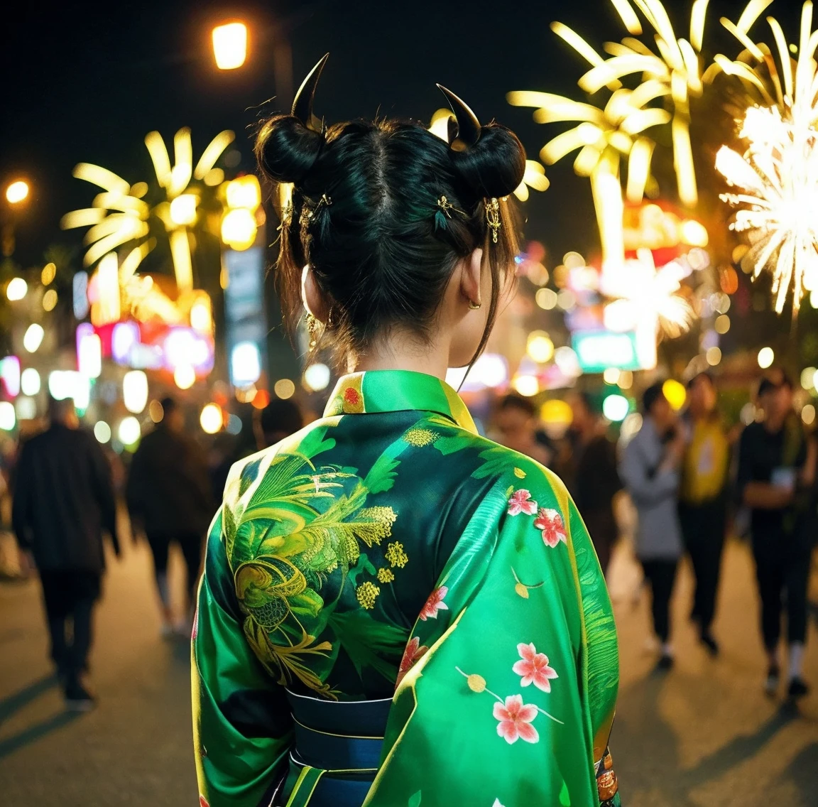 1 person、Green gorgeous kimono、,race,Black Hair、Short bun hair、hair ornaments、necklace、back、Golden devil horns、Anatomically correct,Fireworks in the night sky、