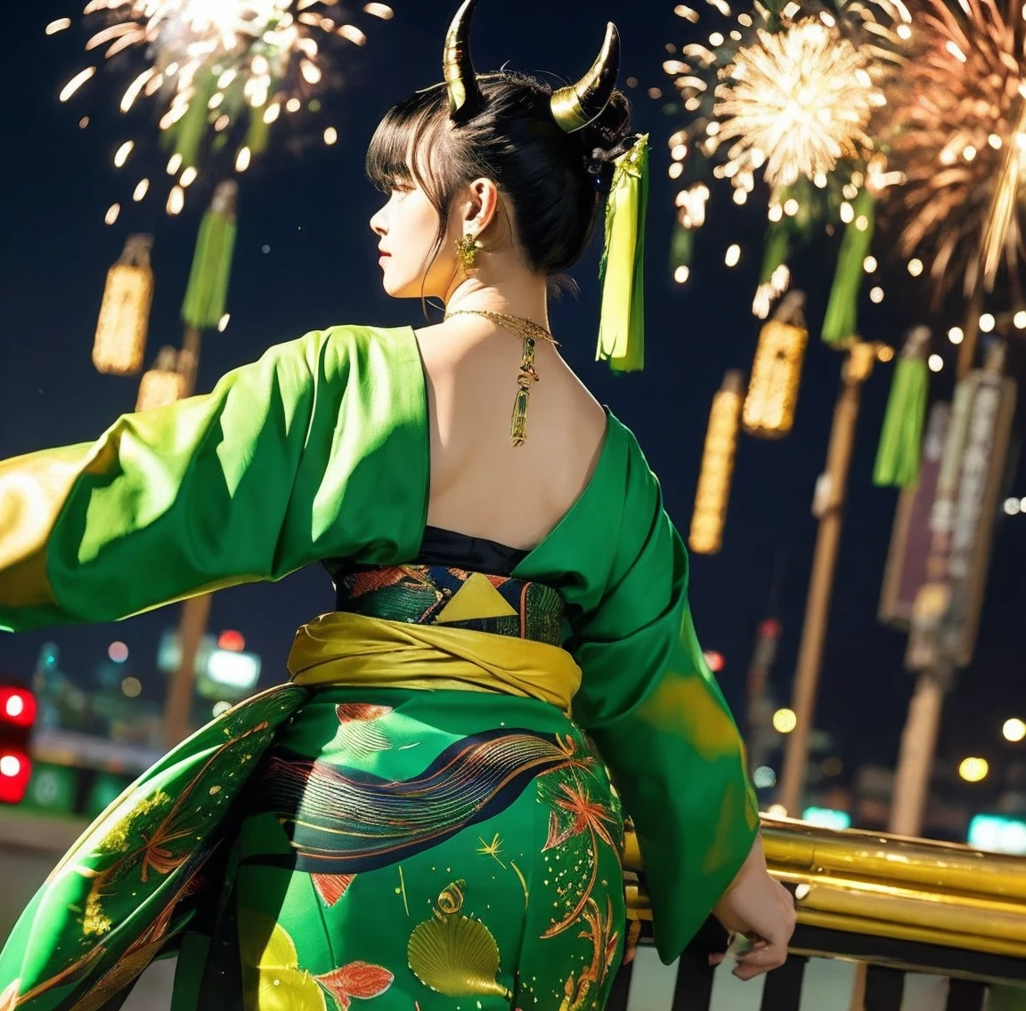 1 person、Green gorgeous kimono、,race,Black Hair、Short bun hair、hair ornaments、necklace、back、Golden devil horns、Anatomically correct,Fireworks in the night sky、