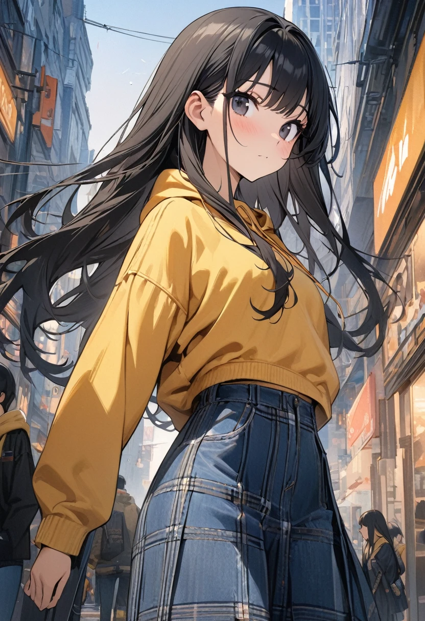 (BEST QUALITY), (MASTERPIECE), illustration, Extremely_detail, 4k wallpaper , 1 girl, tall girl, yellow hoodie, plaid skirt, black tights, blue jeans, 18 years old , black Hair, long hair, black eyes, cute, beautiful, Background of the city