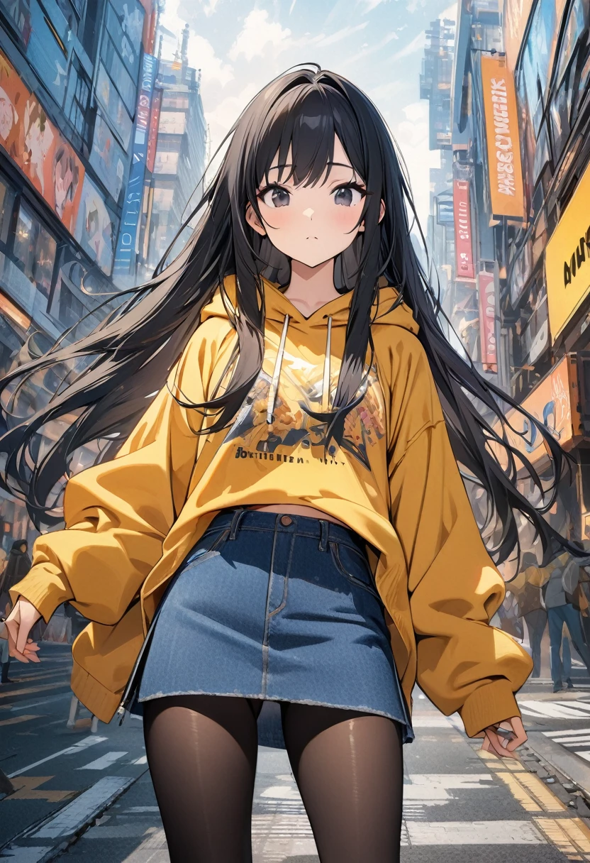 (BEST QUALITY), (MASTERPIECE), illustration, Extremely_detail, 4k wallpaper , 1 girl, tall girl, yellow hoodie, plaid skirt, black tights, blue jeans, 18 years old , black Hair, long hair, black eyes, cute, beautiful, Background of the city