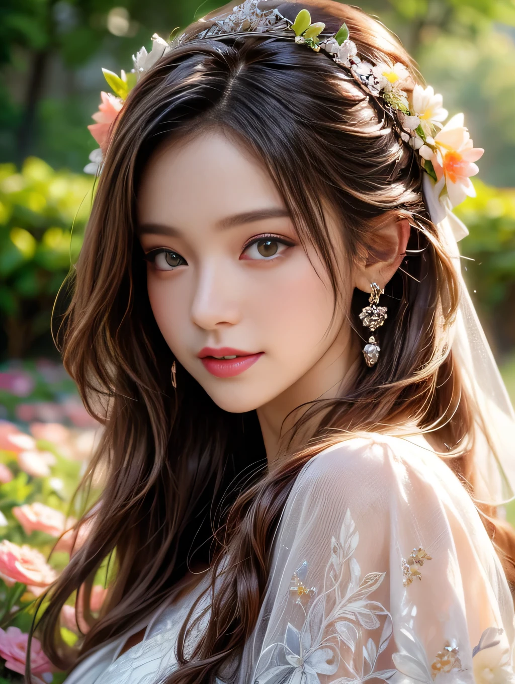 The best quality, high resolution, ultra-detailed, realistic:1.37, high dynamic range, ultra-fine painting, sharp focus, physically-based rendering, professional, vivid colors, bokeh, portraits, landscape, flowers, a girl in a garden, smiling girl, white dress, beautiful detailed eyes, beautiful detailed lips, beautiful detailed skin, girl under warm sunlight, glowing skin, colorful flowers, soft skin.