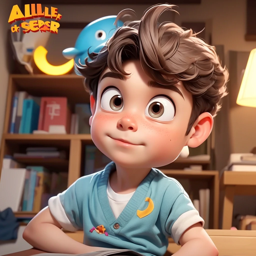 Image of a boy for a story in a YouTube video in Pixar format, He's the little allabester, He's the class leader, He's outgoing, Playful and gets up for a lot of things, cabelo curto