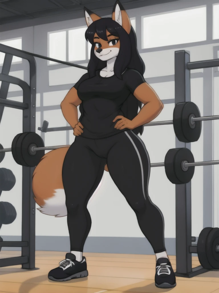 Furry, fox, female, black shirt, black leggings, shoes, gym, teen, standing, full body