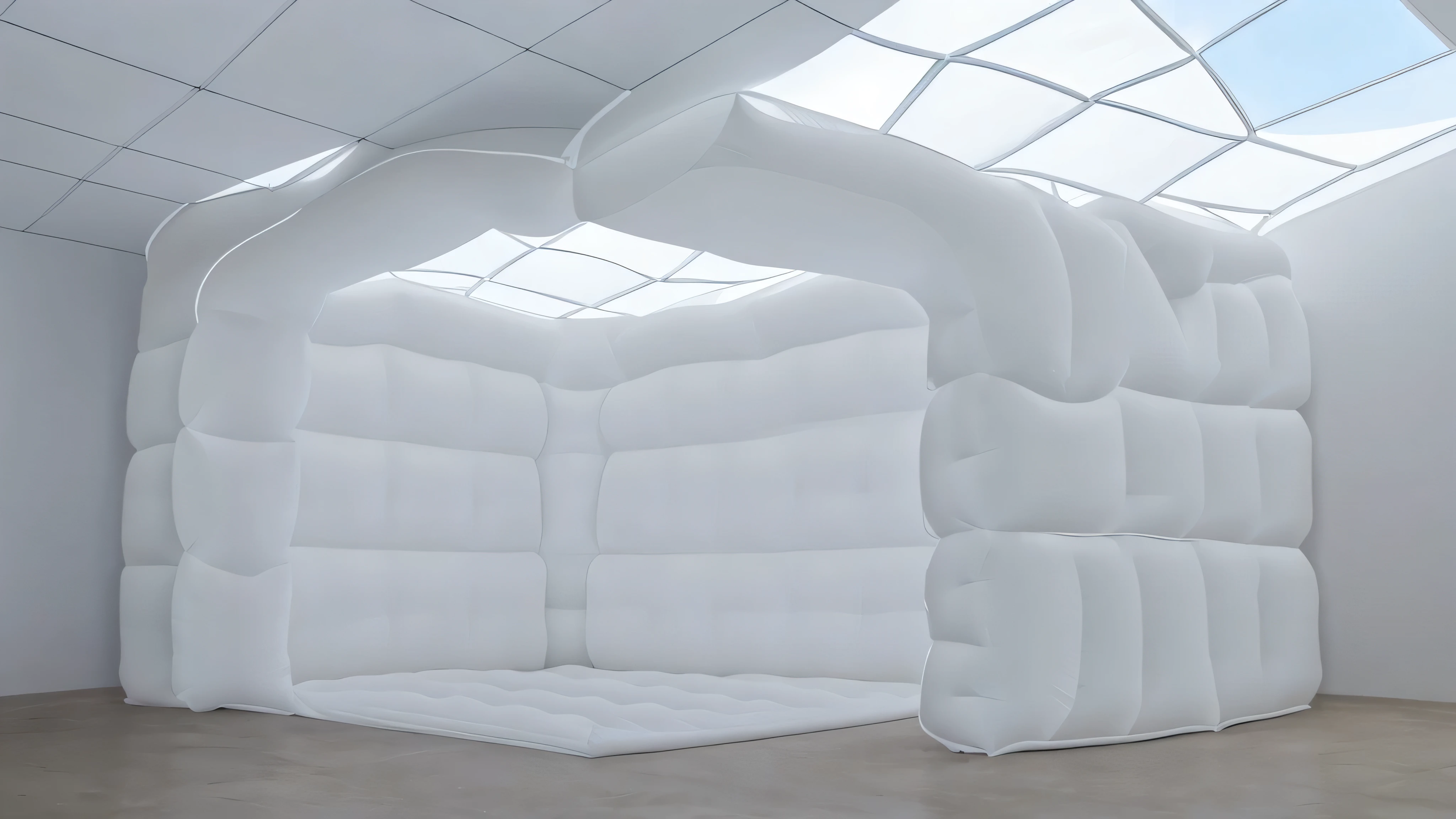A wall composed of inflatable blocks,Front view,Realistic of a inflatable installation in the shape, white inflatable plastic film material, wrapped in a white polyester sheet. close-up,,minimalist, most best quality,32K Ultra HD, super detail, best quality, highres, high details,Top view