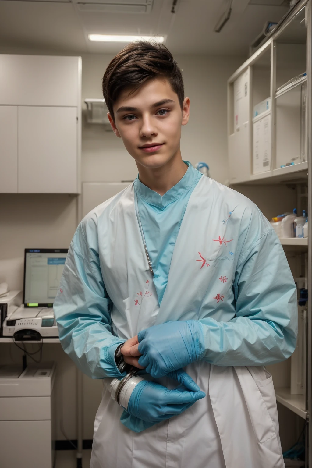A beautiful young male twink with a face with reddish makeup. He has black hair. He is wearing a long-sleeved, white, printed shirt and aqua blue pants. He is in the surgical operating room, with medical equipment and medical instruments behind him, and behind him, he looks proudly.