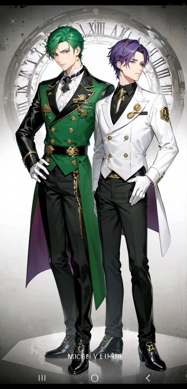 There are two elegant boys, the first boy has green hair and black and dark green clothes. The second boy has purple hair with white clothes..