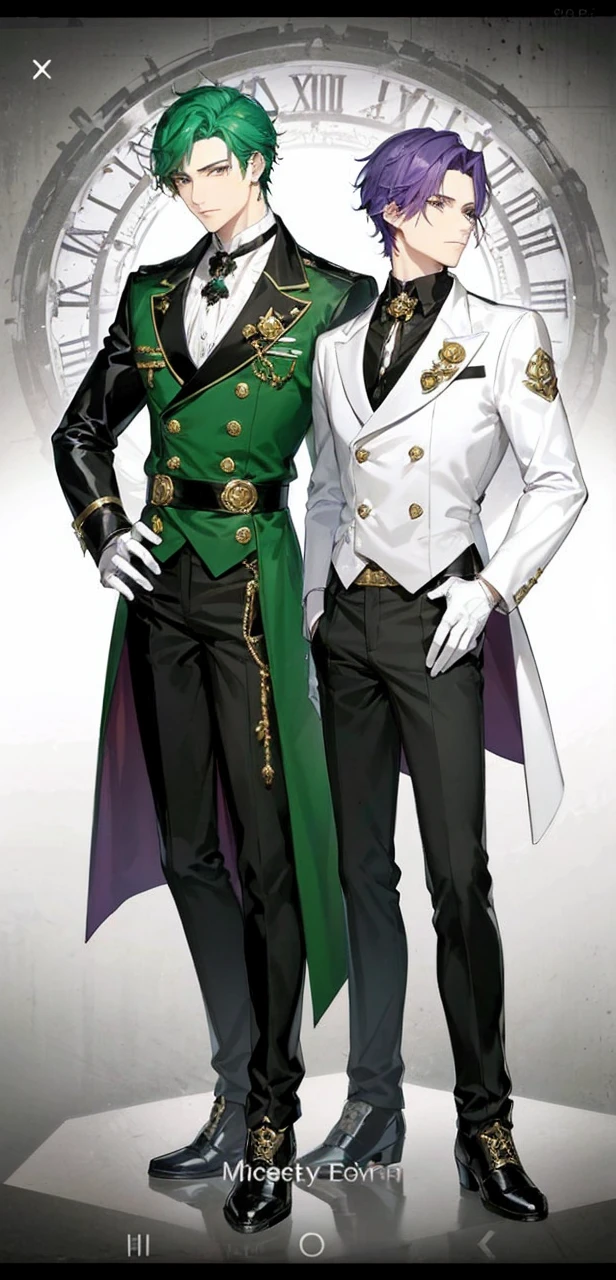 There are two elegant boys, the first boy has green hair and black and dark green clothes. The second boy has purple hair with white clothes..