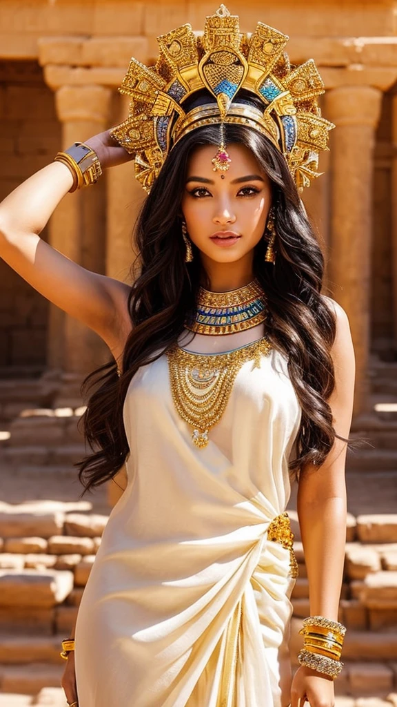 Imagine a stunningly beautiful woman, her rich, dark skin glowing under the desert sun. Her features reflect the majesty of Ancient Egypt. She is draped in a flowing white linen dress adorned with golden accents that shimmer in the light. Her eyes are intense and expressive, outlined with black kohl, accentuating her sensuality. Her hair is long, black, and wavy, decorated with a golden tiara encrusted with precious stones. She stands with a confident posture, exuding an air of mystery and power. The backdrop consists of ancient temples and pyramids, reflecting her deep connection to Egypt's rich heritage.
