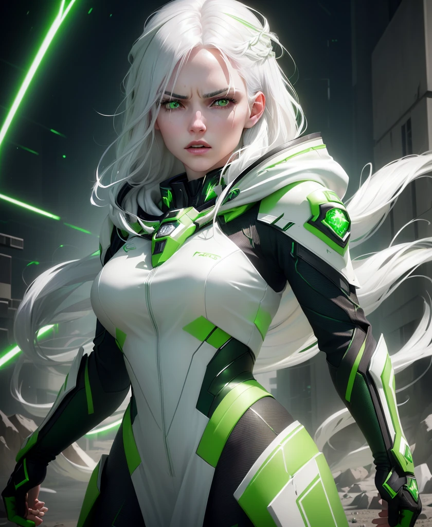 a young woman with white hair, dark green eyes, pale skin, a green gem on her chest, an angry expression, wearing a green hooded spacesuit with long hair, detailed portrait, hyper realistic, 8k, sharp focus, unreal engine, cinematic lighting, dramatic, moody colors, digital art