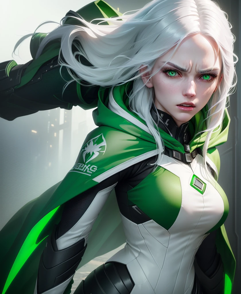 a young woman with white hair, dark green eyes, pale skin, a green gem on her chest, an angry expression, wearing a green hooded spacesuit with long hair, detailed portrait, hyper realistic, 8k, sharp focus, unreal engine, cinematic lighting, dramatic, moody colors, digital art