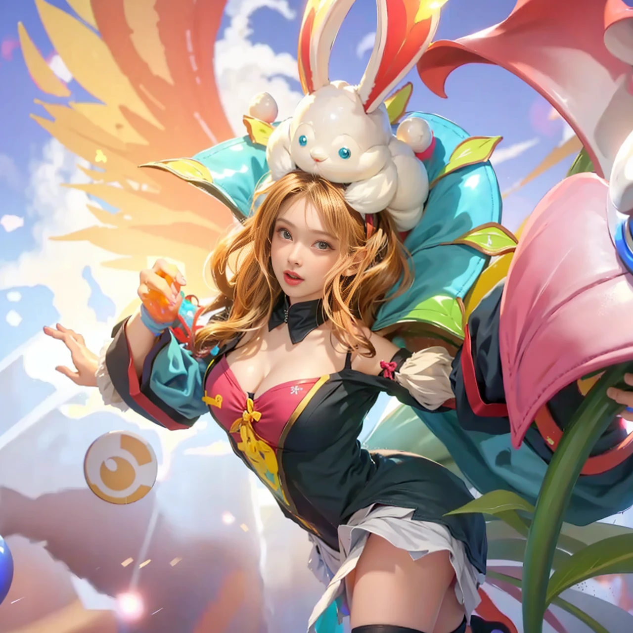 Best Quality, 超A high resolution, masutepiece, (Photorealistic:1.4), Solo Focus, (Slender body huge breasts young woman:1.photography, (Medium Wide Shot Cropped Leg:1.3), Three Quarter View Pose, (Cinematic lighting:1.2), Vibrant, Vivid Color, Detailed face, Detailed eyes, Random hairstyle, (off shoulder shirt, Mini skirt:1.2), (random place, Random seasons, Random weather:1.1)