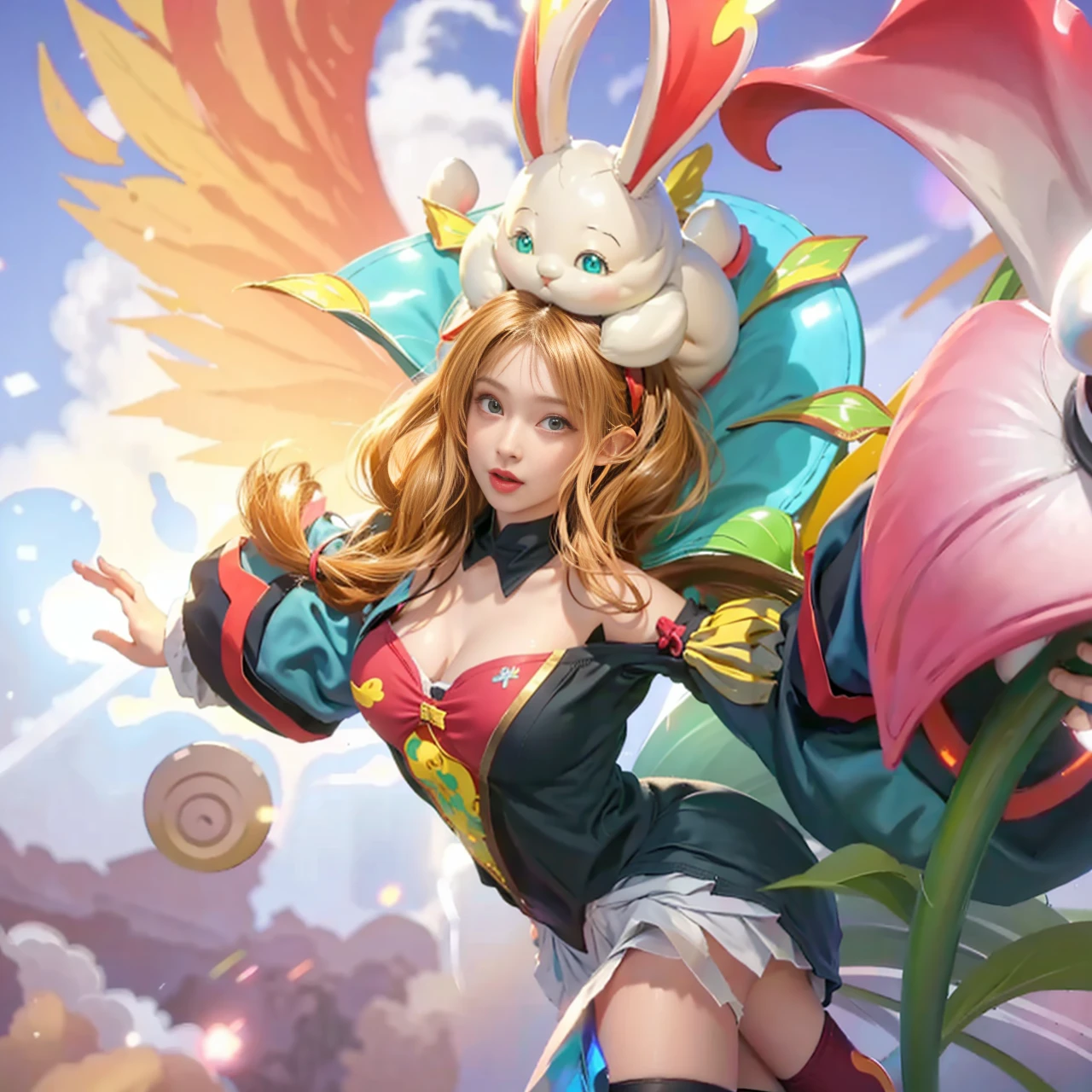 Best Quality, 超A high resolution, masutepiece, (Photorealistic:1.4), Solo Focus, (Slender body huge breasts young woman:1.photography, (Medium Wide Shot Cropped Leg:1.3), Three Quarter View Pose, (Cinematic lighting:1.2), Vibrant, Vivid Color, Detailed face, Detailed eyes, Random hairstyle, (off shoulder shirt, Mini skirt:1.2), (random place, Random seasons, Random weather:1.1)