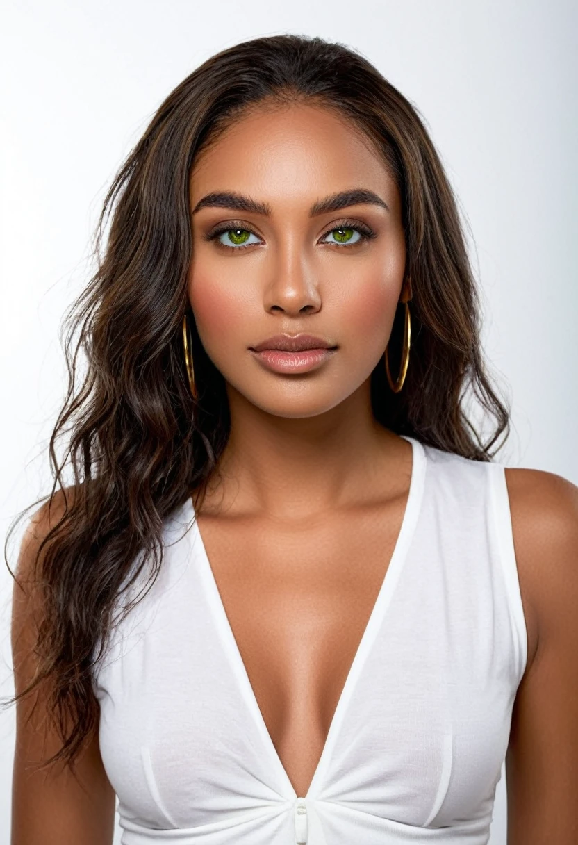 Sexy woman wearing a white low-cut t-shirt and white short shorts posing for a photo in the studio. a beautiful woman, beautiful Latin face, Brazilian supermodel, stunning, stunning beauty, Angolan descent, most beautiful woman in the world, jaw-dropping beauty, young adult 30 years old, She has an exotic beauty, native Brazilian, tall woman, a stunning black African woman, with indigenous features, beautiful indigenous girl, ((An indigenous African girl with European ebony)), ((her beauty is undeniable)), beautiful young black woman with dark skin, tanned Mexican. *hair: Curly black hair with brown highlights, Voluminous black hair with brown highlights, vibrant and dynamic cut with soft waves. *eyes: green and expressive eyes, beautiful green eyes, realistic green eyes, detailed green eyes, ultra realistic, symmetrical, hyper realistic, (eyeliner, long eyelashes), intense and penetrating look, seductive, mysterious and charming look, magnetism look, attraction and fascination. * Eyebrows: Perfect eyebrows that arch gracefully above the eyes and are thick. * the nose is small and proportional to the face and the soft contour of the face that accentuates the high cheekbones. *Mouth: Attractive and irresistible mouth, well-defined lips, full lips, voluminous lips, seductive lips, captivating, striking, unforgettable, mischievous, sexy, your features are captivating, seductive expression, a seductive smile is enigmatic *Face shape: O the face is oval, with high cheekbones and a well-defined chin, a beautiful and detailed face. *Makeup: Makeup is subtle, but highlights natural features. Skin Tone: Olive skin, healthy and even glow, with olive skin, dark skin, sexy girl with olive skin, detailed skin texture, beautiful and glowing skin, intricate details, smooth skin, healthy and radiant appearance. *body: attractive and slim woman, medium bust, athletic, thin waist, wide hips, big butt, thick thighs, shapely legs. A woman posing for a full body photo, sexy and dynamic