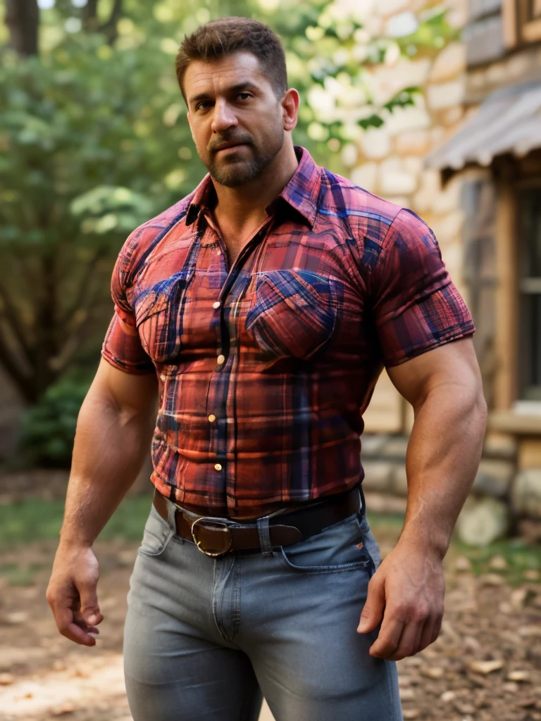 wild muscle man, (40 year old daddy:1.1), 1 chico, Alone, (wearing a red plaid shirt outside), (gray t-shirt inside), (big shoulders), musculature, stubble, short beard, pretty eyes:1.3, ), (detailed face:1.3), smiles, Dynamic Angle, volumetric lighting, (Best Quality, A high resolution, photorealistic), cinematic lighting, Masterpiece, raw photo, intricate details, HDR, whole body, Big muscular body, Big Bubble butt, jeans frontal view