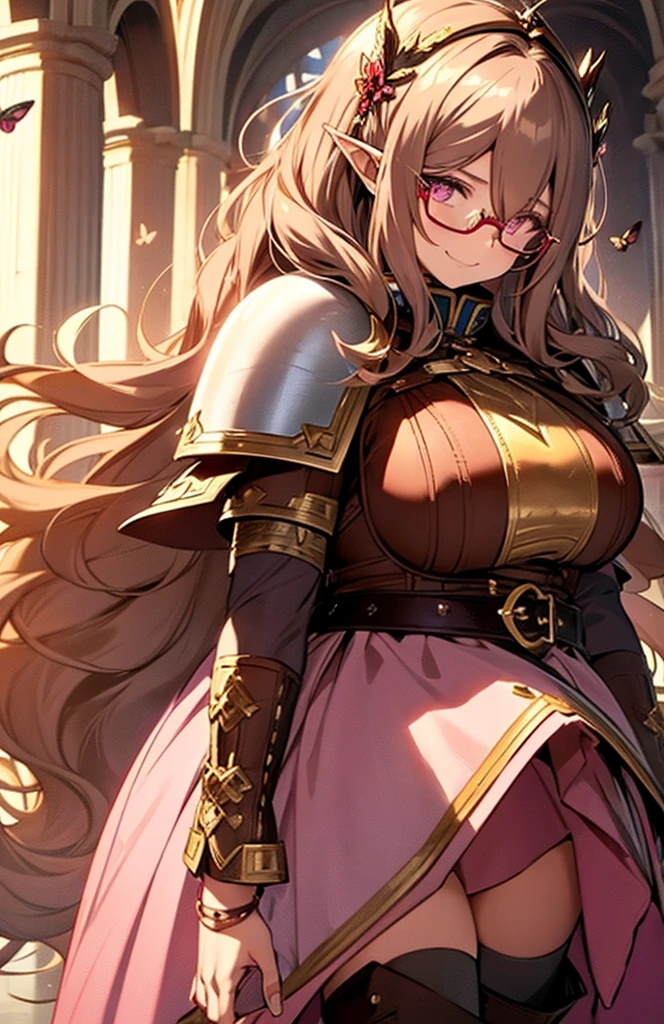 Anime, 1 elf woman, solo, huge wavy hairstyle, camel-brown hair, elf ears, detailed eyes, tiny glasses, pink eyes, evil smile, evil eyes, big And round buson, gorgeous plump body, viking armor, fluffy Cape, glory belt, fluffy long skirt, heavy boots, butterfly's wings