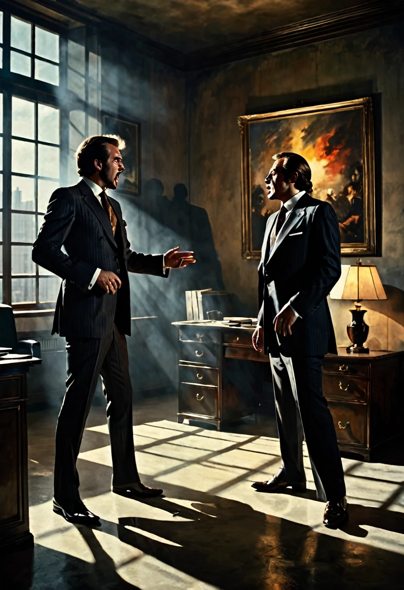 Scene with two men in suits in an office of a building arguing  , dark fantasy  style from the 70s, with intense German-style romantic painting. Shadows and spectacular lighting.