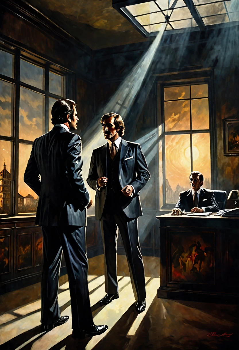 Scene with two men in suits in an office of a building arguing , dark fantasy style from the 70s, with intense German-style romantic painting. Shadows and spectacular lighting.