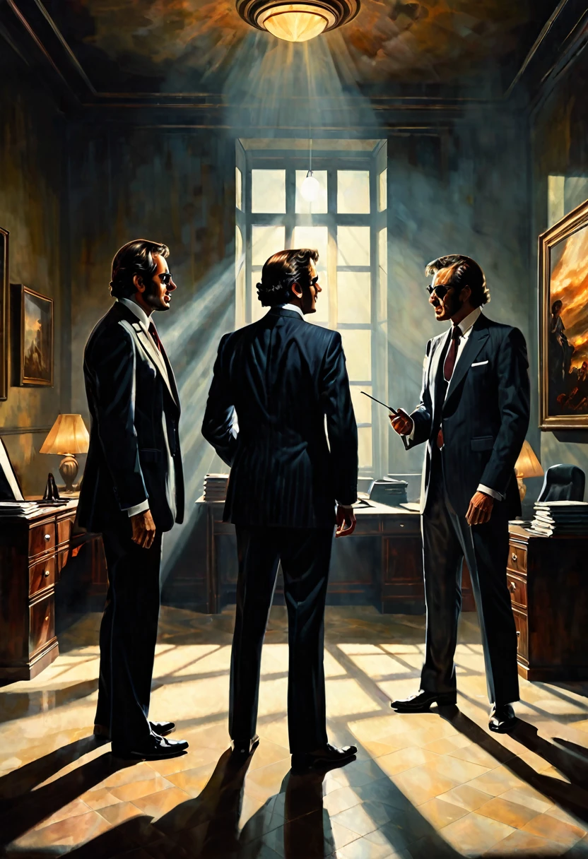 Scene with two men in suits in an office of a building arguing  , dark fantasy  style from the 70s, with intense German-style romantic painting. Shadows and spectacular lighting.