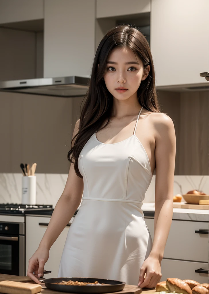 A beautiful, cute and sweet 18-year-old Korean girl in a luxury kitchen, wearing an above-knee length dress, busy cooking, (best quality,4k,8k,highres,masterpiece:1.2),ultra-detailed,(realistic,photorealistic,photo-realistic:1.37),extremely detailed eyes and face, beautiful detailed eyes, beautiful detailed lips, longeyelashes, high-end kitchen interior, luxury cookware, ingredients on the counter, natural lighting, warm color tones, soft focus, elegant, refined, high-end, culinary, cooking, portrait