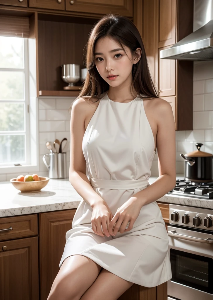 A beautiful, cute and sweet 18-year-old Korean girl in a luxury kitchen, wearing an above-knee length dress, busy cooking, (best quality,4k,8k,highres,masterpiece:1.2),ultra-detailed,(realistic,photorealistic,photo-realistic:1.37),extremely detailed eyes and face, beautiful detailed eyes, beautiful detailed lips, longeyelashes, high-end kitchen interior, luxury cookware, ingredients on the counter, natural lighting, warm color tones, soft focus, elegant, refined, high-end, culinary, cooking, portrait