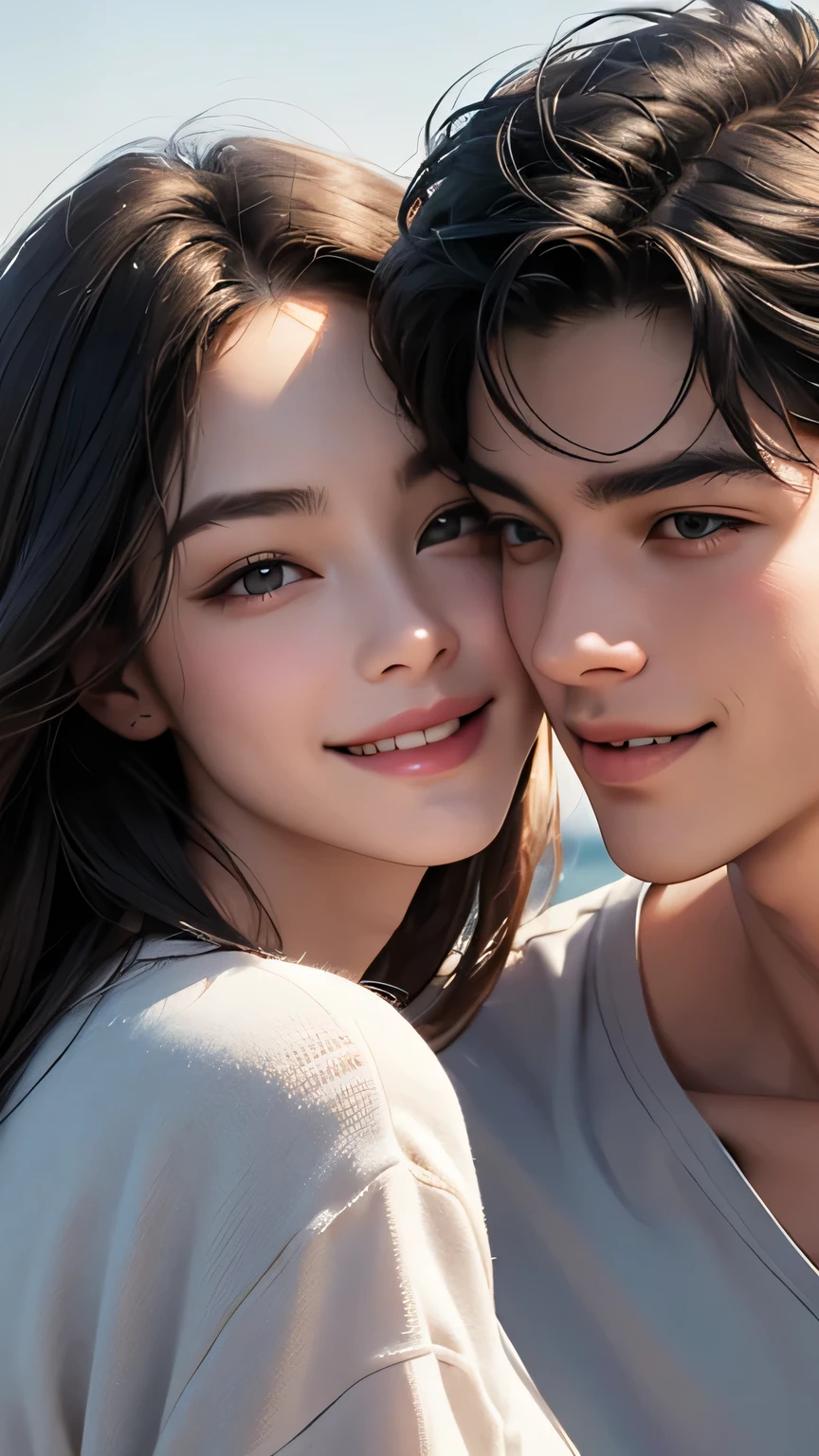 A man and a woman in loose, refreshing clothes are rubbing cheeks together、Looking straight at the camera and smiling, The background is a plain gray gradient, Close-up
