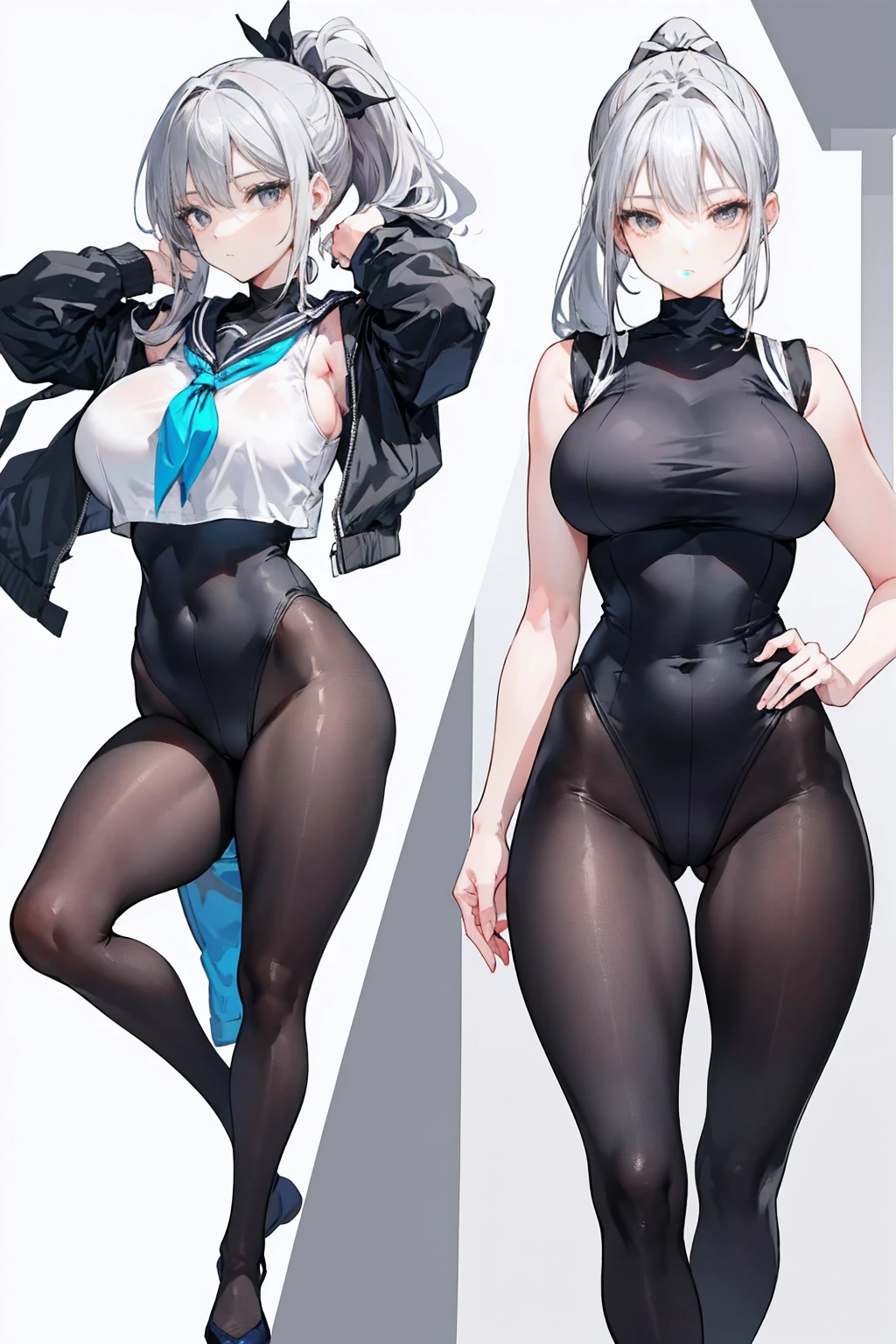 whole body,Standing posture, (Gray Hair,ponytail,) (Big Breasts,Woman in her 20s,), (Beautiful Face:1.2) (High leg leotard,Sailor suit,Sleeveless clothing,) Expressionless,(White background)