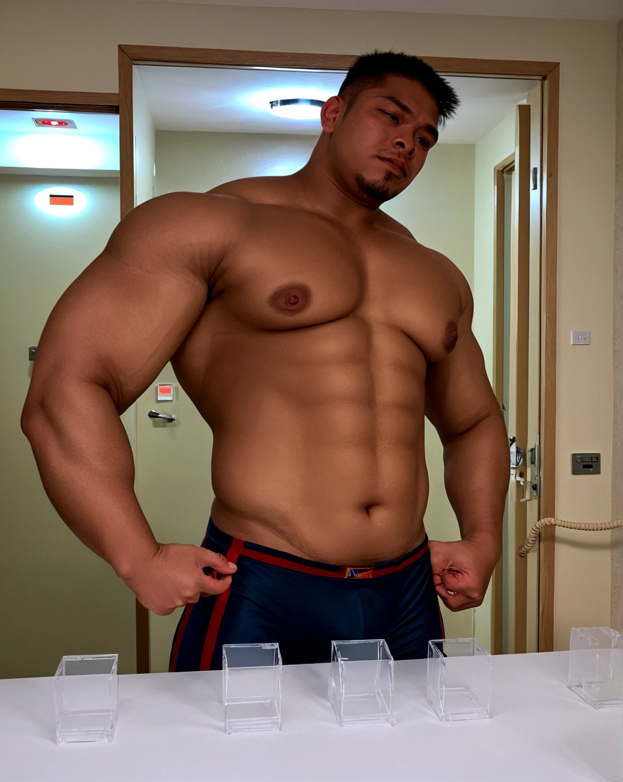 Naked men,Naked Japanese bulky muscler,sunburn skin  Black Japanese bodybuilder,,19yo,Oversized Big body,no body hair,naked,Very bulky Big underboobs, Skin with visible veins, medium length hair,A cinematic scene unfolds in 8k resolution, where in brig,(Gorilla-like face:0.6),Big Nose,(big penis:0.7)(Thick penis:0.7)(elect penis:1.4)(Detailed elect penis shape:1.4)nsfw、Strong sexual attraction、Sex symbol、Big eyes、Thick lips、Photos with clear people