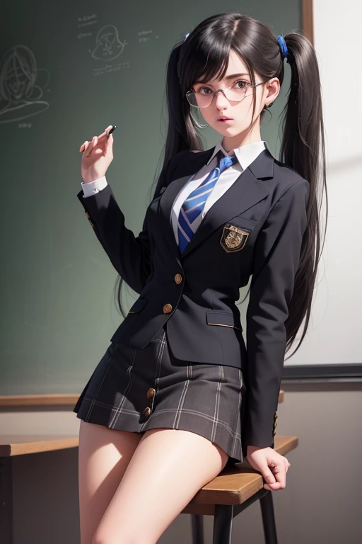 ((best quality), (hyperrealisti), mh-yk, 1 girl, standing alone, Bblack hair, eyes browns, long hair, wearing a private university uniform, blue blazer style with buttons, tie and tight skirt followed by knee-high socks,, big and fit ass,, twintails, Ar complete, hair rings, gazing at viewer, university anatomy club scene, seated in a chair, sweet look,inside a closed room with a blackboard behind full of drawings of the human body 