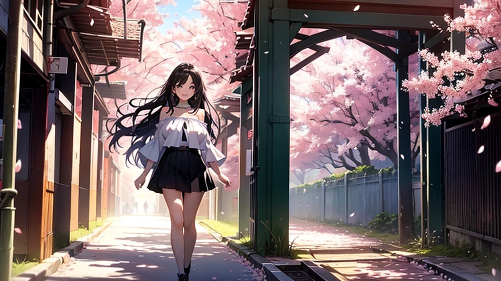 Draw a sexy 20-year-old girl with straight long black hair, smiling while standing in a tunnel of cherry blossoms. She is wearing a mini skirt and a top with a low neckline, emphasizing her figure. The spring light bathes her, with pink petals fluttering in the wind. The background features a blue sky and white clouds, evoking a sense of hope for the future and the beginning of a new season. The girl's gaze is fixed on the future, with a radiant smile that stands out. Capture a scene where her smile blooms under the cherry blossoms, illuminating her bright future.Beautiful big breasts: 1.3