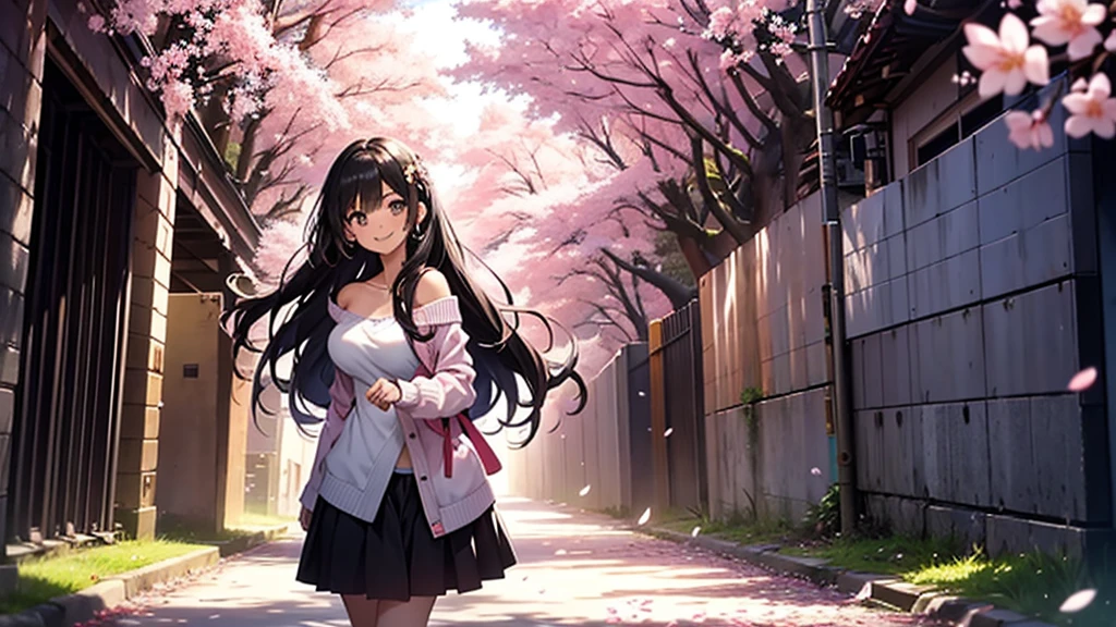 Draw a sexy 20-year-old girl with straight long black hair, smiling while standing in a tunnel of cherry blossoms. She is wearing a mini skirt and a top with a low neckline, emphasizing her figure. The spring light bathes her, with pink petals fluttering in the wind. The background features a blue sky and white clouds, evoking a sense of hope for the future and the beginning of a new season. The girl's gaze is fixed on the future, with a radiant smile that stands out. Capture a scene where her smile blooms under the cherry blossoms, illuminating her bright future.Beautiful big breasts: 1.3