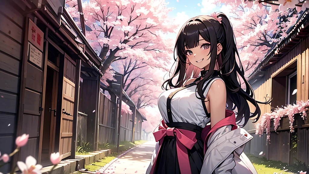 Draw a sexy 20-year-old girl with straight long black hair, smiling while standing in a tunnel of cherry blossoms. She is wearing a mini skirt and a top with a low neckline, emphasizing her figure. The spring light bathes her, with pink petals fluttering in the wind. The background features a blue sky and white clouds, evoking a sense of hope for the future and the beginning of a new season. The girl's gaze is fixed on the future, with a radiant smile that stands out. Capture a scene where her smile blooms under the cherry blossoms, illuminating her bright future.Beautiful big breasts: 1.3