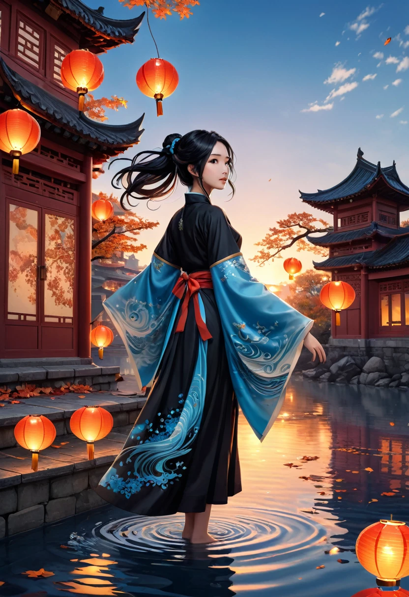 official art, unity 8k wallpaper, ultra detailed, beautiful and aesthetic, masterpiece, best quality, (Fire, water, ribbon, paper cutting), (fractal art:1.3) 1girl,building, (solo:1.5), chinese_clothes, sky, outdoors, wide_sleeves, black_hair, sunset, (falling_leaves:1.2), antern, (paper_lantern:1.5),blue sky, (outdoors:1.5),hanfu, (rainbow-candy:0.8), (style-swirlmagic:0.8),