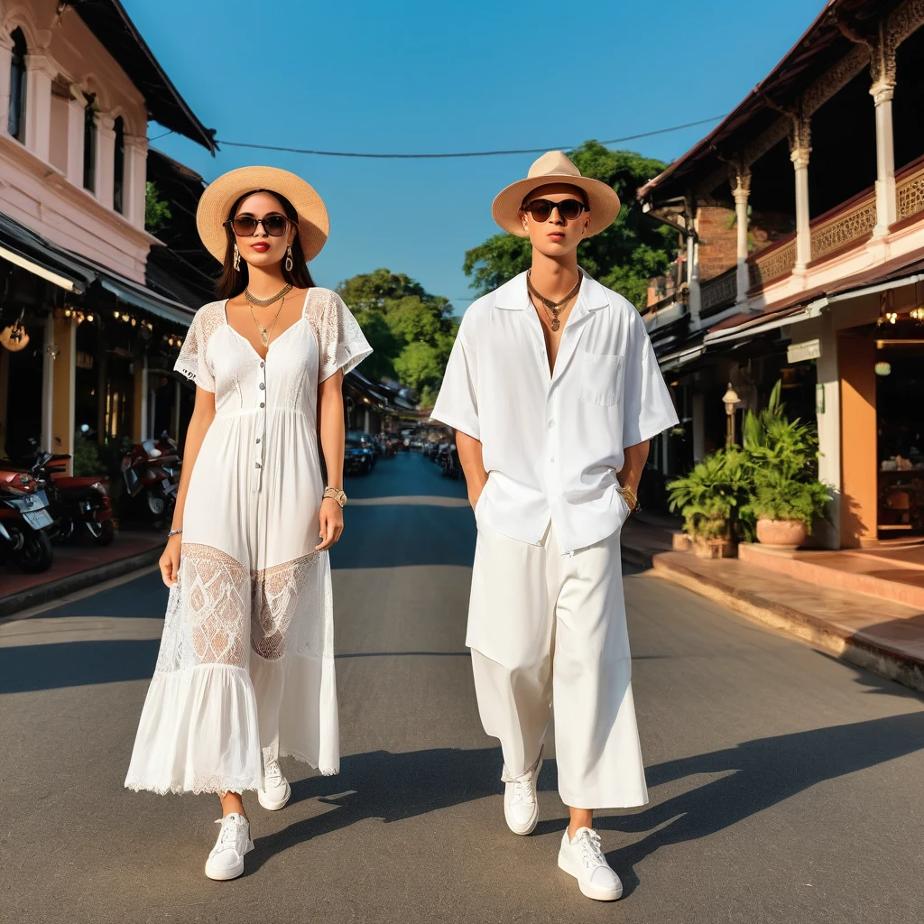 candid VOUGE fashion photography of young man and woman, both aged 20 year old, ((showcase fashion look book in a White rayon outfits)), inspired by H&M's resort collection 2020 in elegant young bohemian style. The man wears an oversized short-sleeved bowling white shirt with a pocket details, paired with relaxed-fit white Sports Wide Leg Baggy short with Drawstring, He completes his look with white sneakers, sunglasses and bracelet. The woman complements him in a white Ankle-length dress in a rayon with delicate lace insets, V-shaped neckline, covered buttons down the front, (spaghetti shoulder straps), Gathered waist, lace hem, Her ensemble includes an accessorizes with a wide-brimmed straw hat, white sneakers and craft necklace. Captured in a low angle, ((full-body image)), The photograph is taken with a Canon EOS R7 camera using an 85mm f/1.8 lens at an f/2.2 aperture, utilizing natural light. Employing three-point lighting and incorporating 3D animation shadows enhances his features and adds depth to the composition. The careful layering and arrangement of his body parts and surrounding objects ensure a flawless composition. This masterpiece celebrates the beauty of the male form and invites viewers to immerse themselves in a world of sophistication and charm. The seductive lighting and intricate details, combined with a dramatic composition, invite viewers to revel in the essence of a fun-filled day, brimming with joy and relaxation. Attention is meticulously paid to the layers and arrangement of his body parts and surrounding objects, ensuring correct body structure and photo distance. The romantic atmosphere, paired with a lively and extremely gorgeous Chiangmai old town background, enhances the overall allure of this exquisite image, Chiang Mai Thailand,