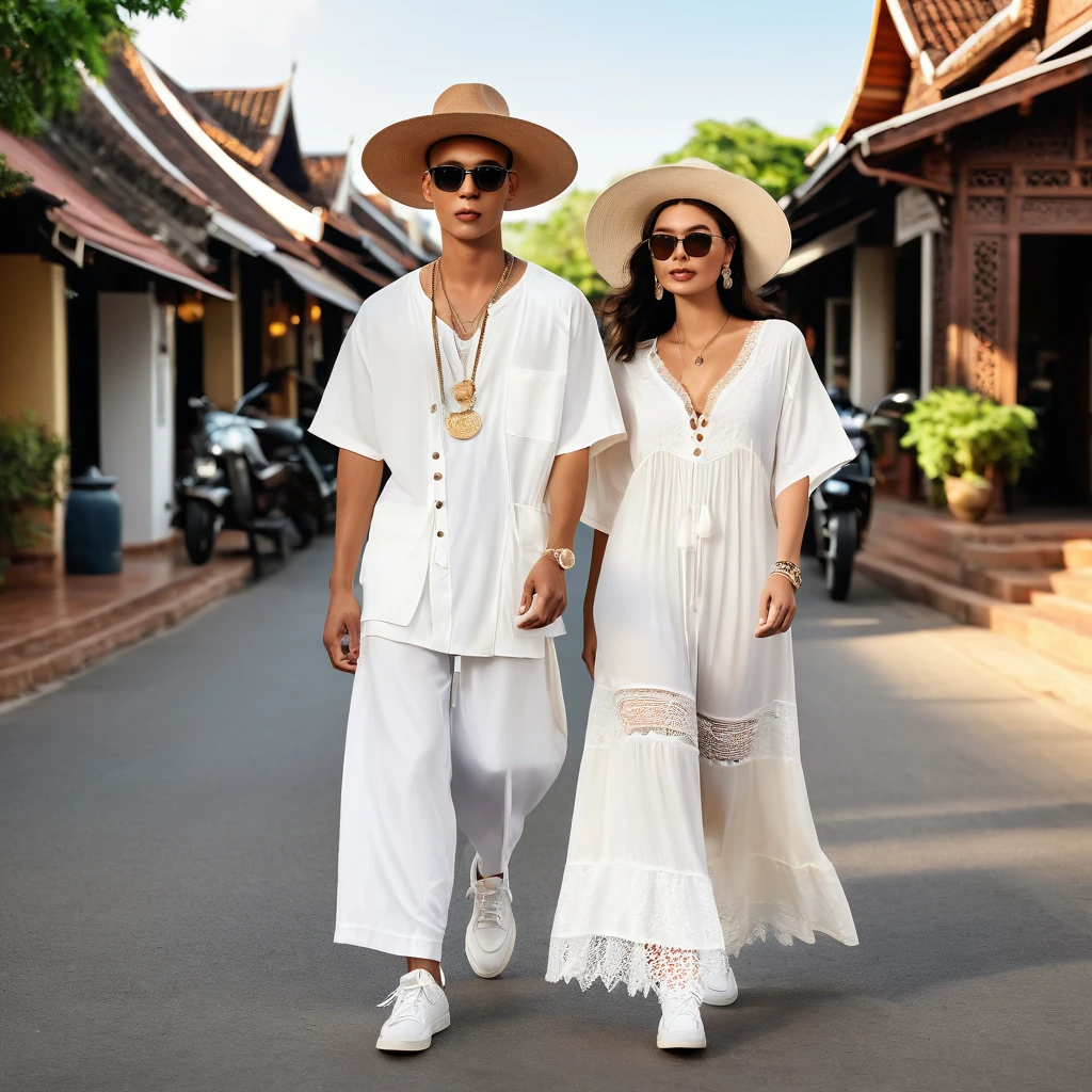 candid VOUGE fashion photography of young man and woman, both aged 20 year old, ((showcase fashion look book in a White rayon outfits)), inspired by H&M's resort collection 2020 in elegant young bohemian style. The man wears an oversized short-sleeved bowling white shirt with a pocket details, paired with relaxed-fit white Sports Wide Leg Baggy short with Drawstring, He completes his look with white sneakers, sunglasses and bracelet. The woman complements him in a white Ankle-length dress in a rayon with delicate lace insets, V-shaped neckline, covered buttons down the front, (spaghetti shoulder straps), Gathered waist, lace hem, Her ensemble includes an accessorizes with a wide-brimmed straw hat, white sneakers and craft necklace. Captured in a low angle, ((full-body image)), The photograph is taken with a Canon EOS R7 camera using an 85mm f/1.8 lens at an f/2.2 aperture, utilizing natural light. Employing three-point lighting and incorporating 3D animation shadows enhances his features and adds depth to the composition. The careful layering and arrangement of his body parts and surrounding objects ensure a flawless composition. This masterpiece celebrates the beauty of the male form and invites viewers to immerse themselves in a world of sophistication and charm. The seductive lighting and intricate details, combined with a dramatic composition, invite viewers to revel in the essence of a fun-filled day, brimming with joy and relaxation. Attention is meticulously paid to the layers and arrangement of his body parts and surrounding objects, ensuring correct body structure and photo distance. The romantic atmosphere, paired with a lively and extremely gorgeous Chiangmai old town background, enhances the overall allure of this exquisite image, Chiang Mai Thailand,