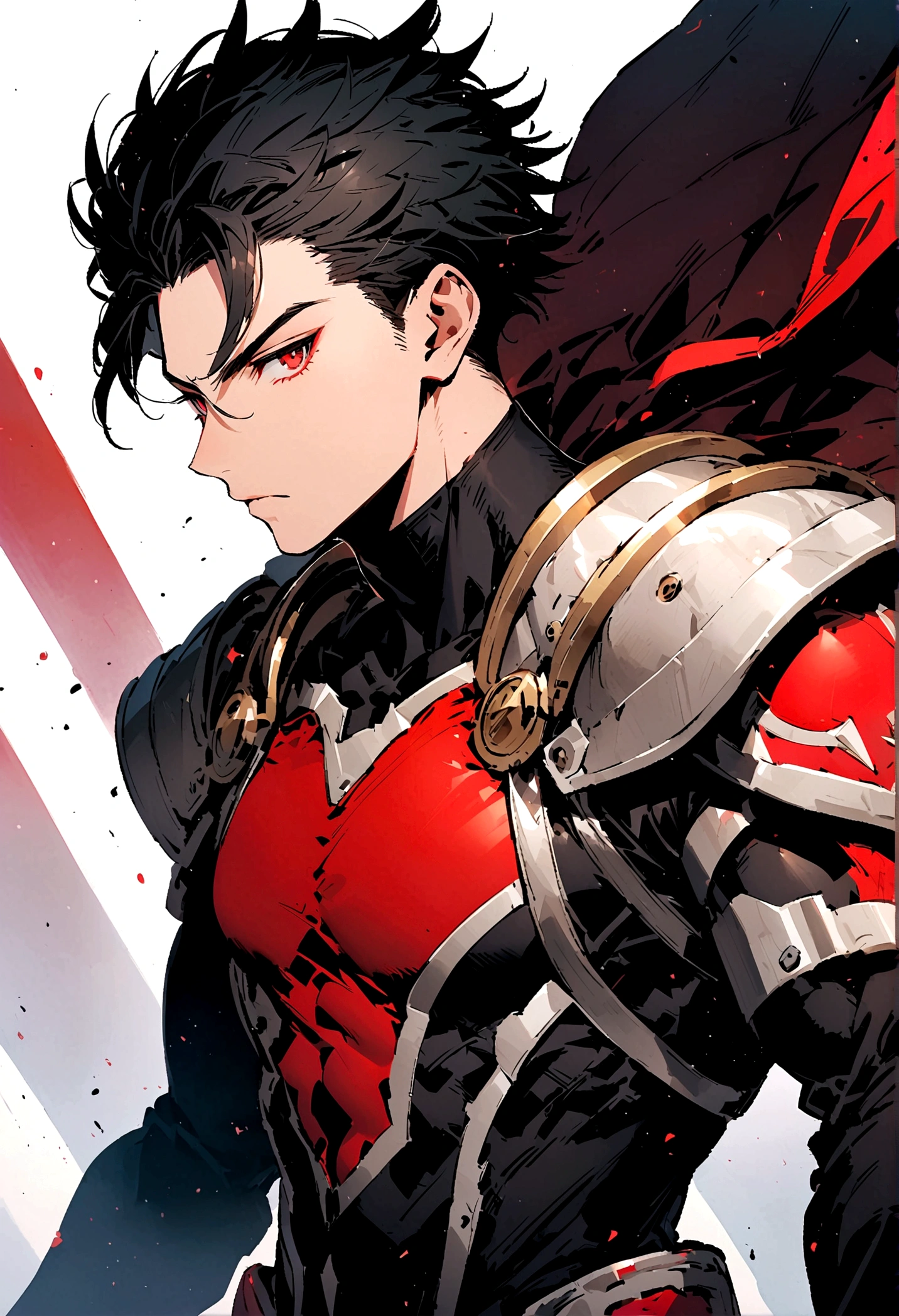 masculine man, high , muscular , armadura negra de metal sin casco y capa de color rojo, short black hair combed back and Red eyes ,24 years old