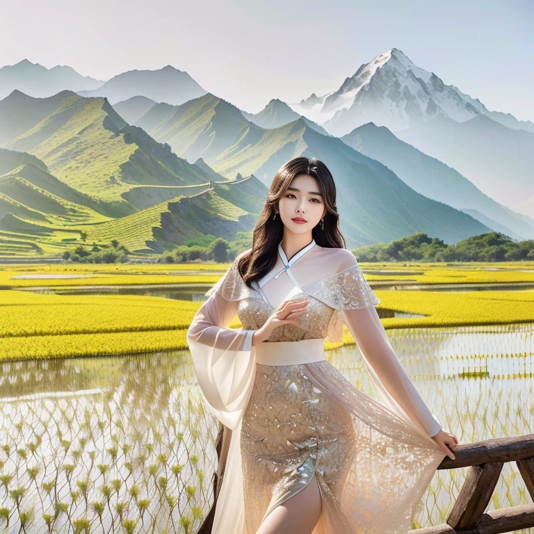 araffe woman standing in a field of rice with mountains as the background, Ruean Jia is very beautiful.!, Tomorrow, Tran., Gorgeous Chinese model, Niwan Chandra, Chinese girl, Xindong Chen, gorgeous woman, 1 8 is, In Lammanh style, beautiful asian girl, with mountains as the background, break my spirit