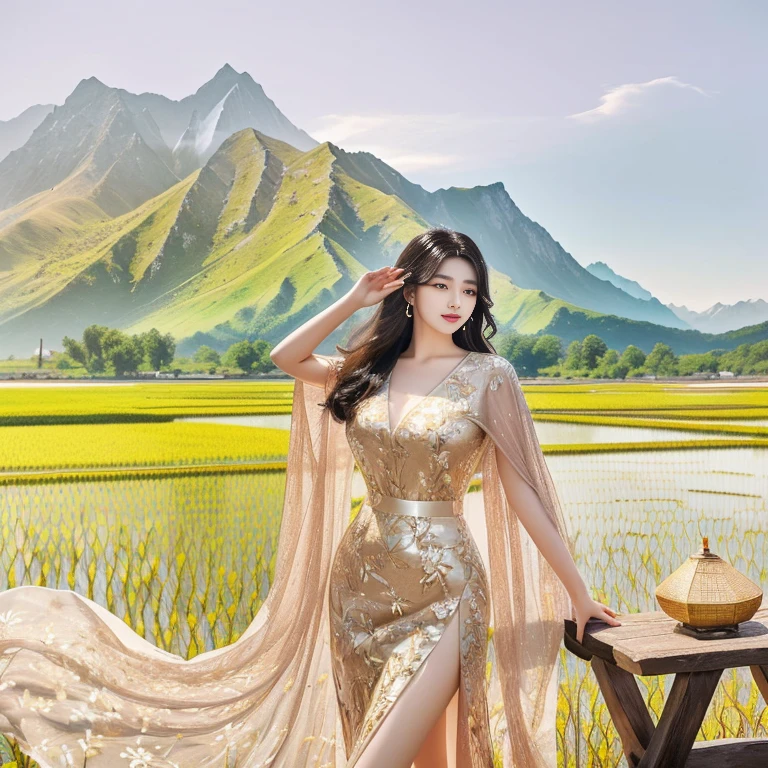 araffe woman standing in a field of rice with mountains as the background, Ruean Jia is very beautiful.!, Tomorrow, Tran., Gorgeous Chinese model, Niwan Chandra, Chinese girl, Xindong Chen, gorgeous woman, 1 8 is, In Lammanh style, beautiful asian girl, with mountains as the background, break my spirit