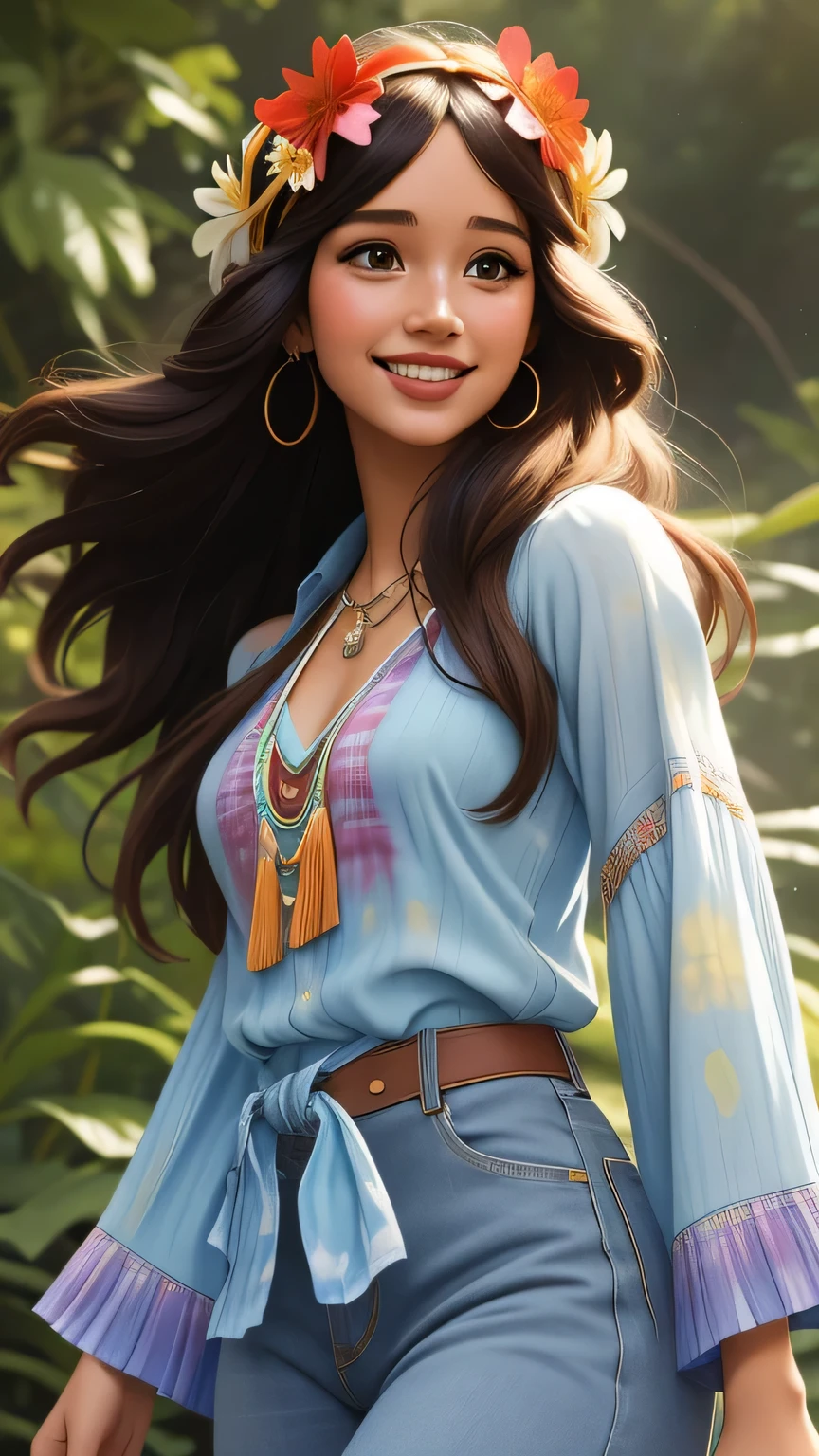 Foto hiperrealista en primer plano de Kelsey Asbille, dressed in a tie-dye maxi dress or a peasant blouse paired with bell-bottom jeans and fringe accessories. She wears a headband or flower crown in her long, flowing hair. The setting is a bohemian-inspired outdoor music festival or a peaceful nature backdrop, capturing the free-spirited and laid-back vibe of the era 60Retro69Punch75, beautiful woman, skinny, large big breasts, black long hair, detailed face, smile, facing the camera, photo taken from a distance, age of 25 years old