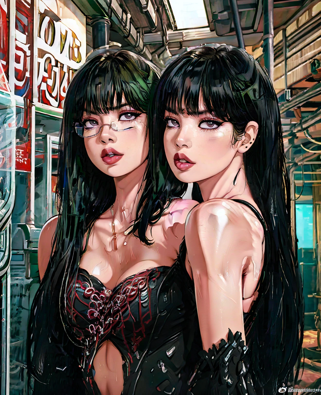 A beautiful girl with green hair, glasses, and black eyes, wearing a sexy outfit in a bathroom setting, photorealistic, 8k, hyperdetailed, cinematic lighting, dramatic atmosphere, beautiful detailed eyes, beautiful detailed lips, extremely detailed face and skin, elegant pose, moody colors, dramatic shadows, intricate details, lisa for blackpink