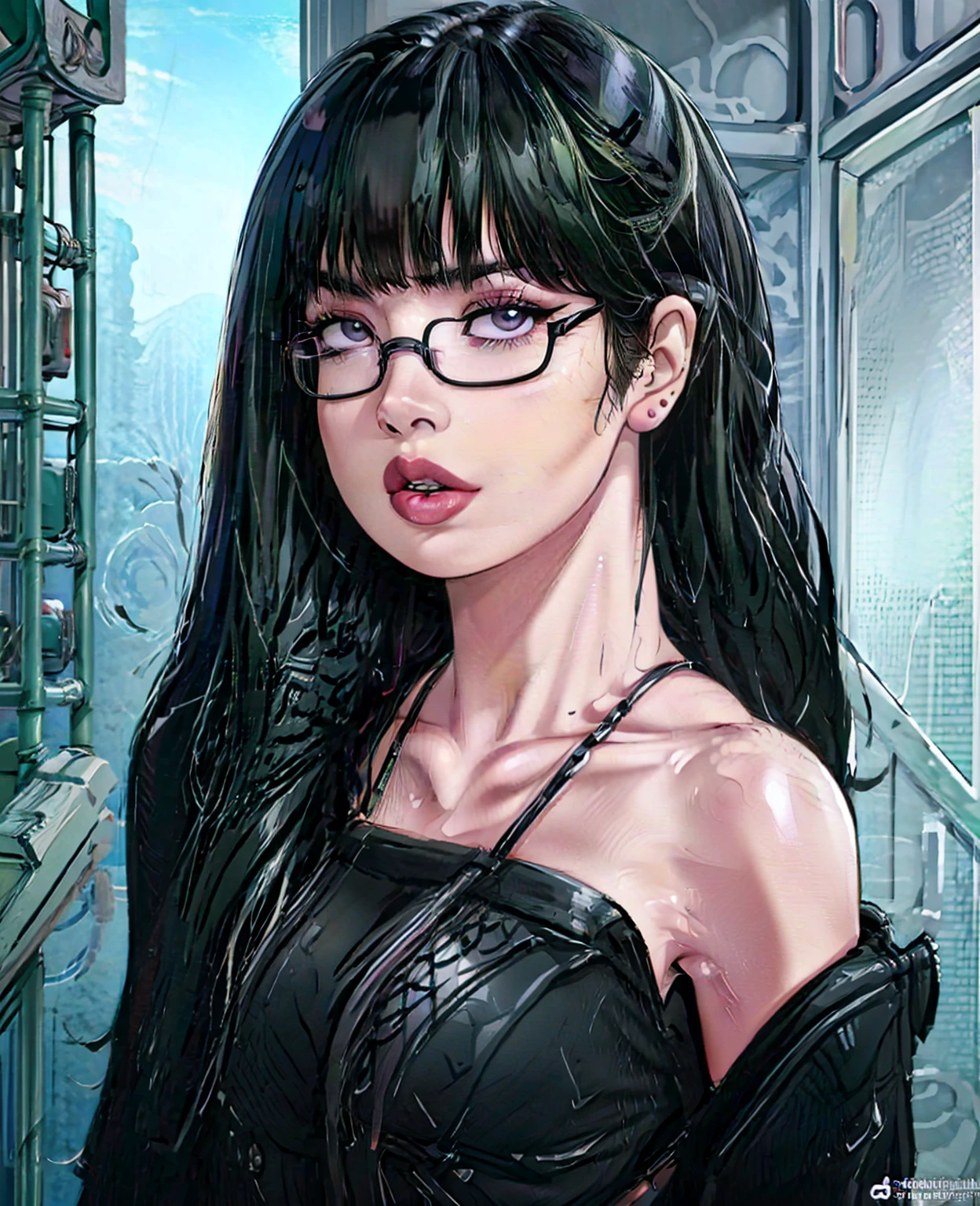 A beautiful girl with green hair, glasses, and black eyes, wearing a sexy outfit in a bathroom setting, photorealistic, 8k, hyperdetailed, cinematic lighting, dramatic atmosphere, beautiful detailed eyes, beautiful detailed lips, extremely detailed face and skin, elegant pose, moody colors, dramatic shadows, intricate details, lisa for blackpink